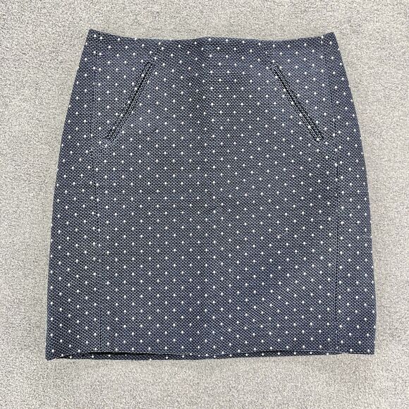 LOFT Skirt Womens 0 Navy Blue White Polka Dot Mini Pencil Straight back zip - Picture 1 of 9